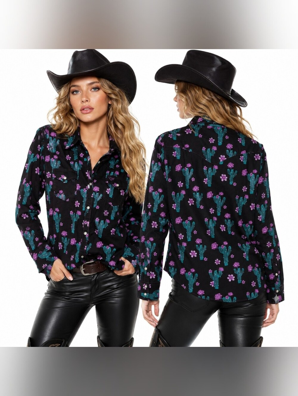 Cowgirl Hardware Cactus & Floral Western Snap Shirt 100% Cotton Women’s